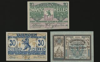 Itävalta Notgeld 20, 30, 50 Heller, Berndorf 1920