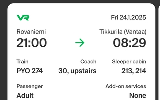 Junaliput/tickets Rovaniemi - Tikkurila makuuvaunussa 2kpl