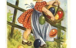 Vanha pååsiåiskortti: Tyttö kaatoi munakorin