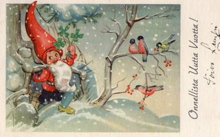 Vanha joulukortti- tonttu ja linnut