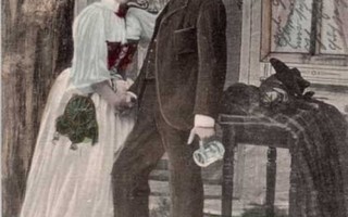 RAKKAUS / Nainen ja mies rakastuneina puutarhassa. 1900-l.