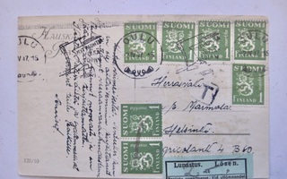 VANHA Postikortti 1947 Lunastus Paljon Merkkejä ym