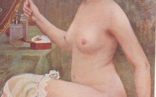 Alaston nainen peilaa - vanha taidekortti