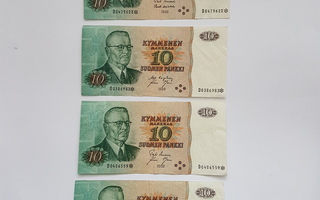 4 kpl 10 markan seteliä 1980 D-sarjaa tähdellä