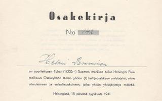 1941 Helsingin Puuteollisuus Oy, Helsinki osakekirja