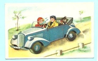Vanha kortti: Pariskunta, vanha auto