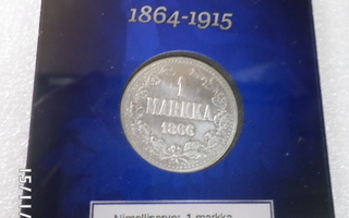 1 mk 1866  hopeaa  muovikotelossa magn,  kiinitys  ,