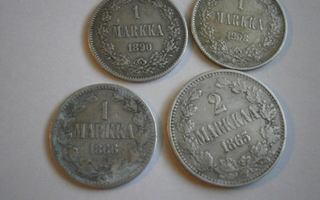 Hopea kolikot, 1 markka 3 kpl ja 2 markkaa 1 kpl v. 1865