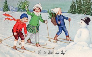 Vanha joulukortti-lapset hiihtoretkellä
