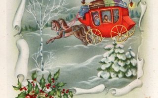 Vanha joulukortti-postivaunut talvimaisemassa
