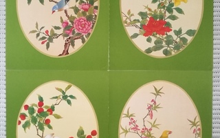 Taidejuliste/art print, 4 kpl kiinalaisia lintuja, vintagea
