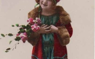 LAPSI / Art deco punatakkinen tyttö ja kukkaoksat. 1920-l.
