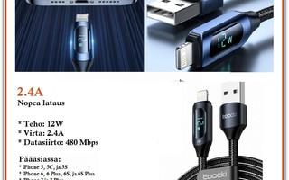 USB A - Lightning data/latauskaapeli digitaalinäyttö/1 metri