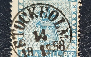 Ruotsi postimerkki n:o 2, 4 skilling sininen loisto 1858