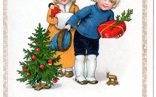 Vanha joulukortti-lapset ja lahjat