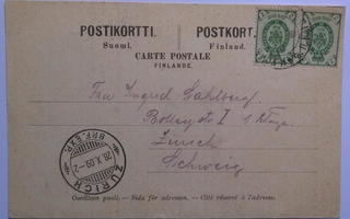 Postikortti- Helsinki - Zürich 1909, 2 kop.venäläismerkein