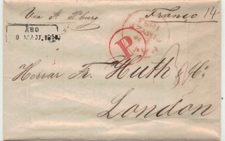 1853 maksettu kirje TurustaPreussin kautta Lontooseen