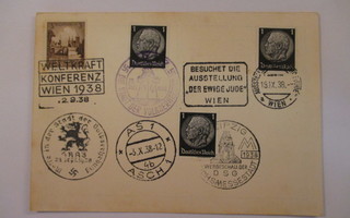 Kortti ,johon kerätty 4 merk.ja 7erikoisleimaa Saksasta 1938
