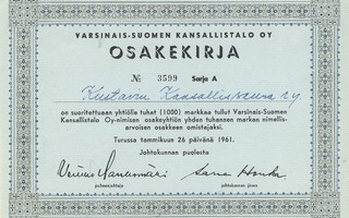 1961 Varsinais-Suomen Kansallistalo Oy, Turku osakekirja