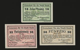 Saksa Notgeld 10, 25, 50 Pfg, Stade 1.10.1918