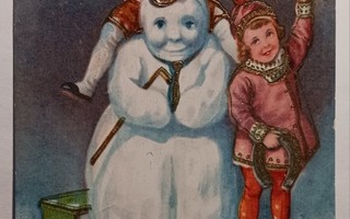 Lapset ja lumiukko, neliapiloita, kultausta, p. 1928