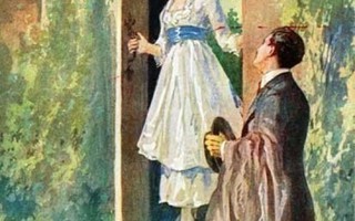 RAKKAUS / Kaunis tyttö puutarhan ovella ja mies. 1910-l.