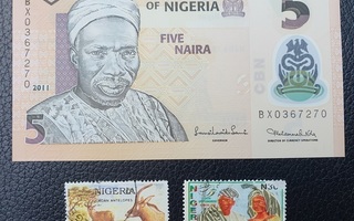 Polymeeriseteli Nigeria 5 NAIRA UNC + 2 postimerkkiä
