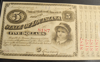 Yhdysvallat, Louisiana 1873 5 Dollars, obligaatio