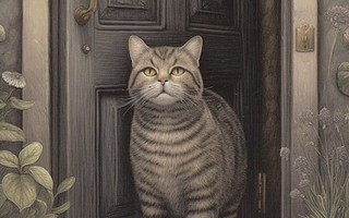 Harmaa kissa oviaukossa