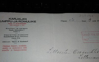 Viipuri Karjalan Lumppu- ja Romuliike Lomake 1933 PK140/8
