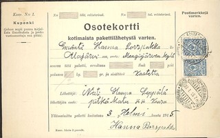 1911 20p pari pakettikortilla Vaasasta Alajärvelle