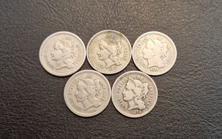 USA 3 cent 5 kpl 1865-1874