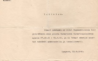 Suojeluskunta Pohjois-Häme Todistus 1940 ALE!