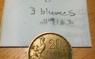 Ranska 20 frangs 1950B, km#916.2, 3 blumes