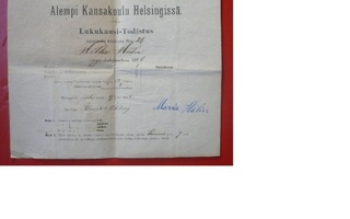 Alempi Kansakoulu Helsingissä Lukukausi - Todistus 1898