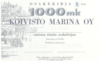 OKK osakekirja Koivisto Marina Oy 1989 Reposaari, specimen
