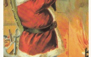 Joulupukki laittaa lahjaa joulusukkaan (isohko kortti)