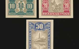 Itävalta Notgeld 10, 20, 50 Heller, Braunau