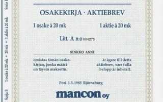 1985 Mancon Oy, Pori pörssi osakekirja
