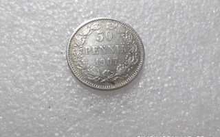50  penniä  1907 hopeaa     Kl 7-8
