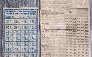 Säännöstelykortit...leipäkortti v.1919 ja maitokortti v.1949