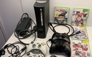 Xbox 360 konsoli ja 5 ohjainta ja pelejä