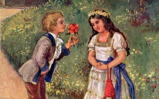 Vanha postikortti- poika ojentaa tytölle ruusun