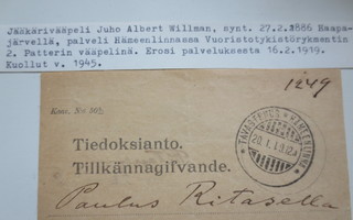 Postin tiedoksi anto v1919  Jääkäri Vääpelin nimmarilla