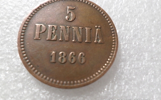 5 penniä    1866    komea   hieman patinoitunut  ,