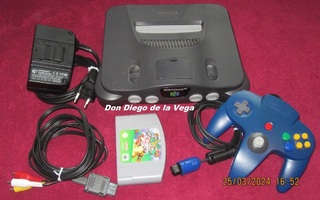 Nintendo 64 konsoli originaalit piuhat, ohjain ja Mario 64