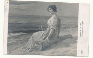 Nainen rannalla - vanha Carte Postale