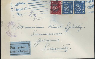 1945 5mk sin.leijona 2 kpl + 3mk l-kirje Sveitsiin 19.11.45