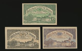 Itävalta Notgeld 10, 20, 50 Heller, St. Johann 1920