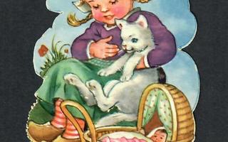 PZB 1285 - Tyttö, kissa ja nukenvaunut - 1950-luvulta